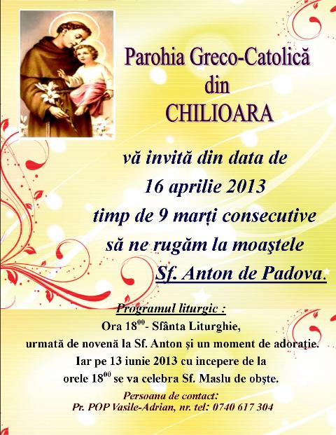 Invitatie: Novena Sfântului Anton de Padova în Parohia Chilioara,